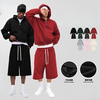 Sweat-shirt à capuche pour homme 100% coton lourd, ensemble décontracté vintage en molleton français avec fermeture éclair et short