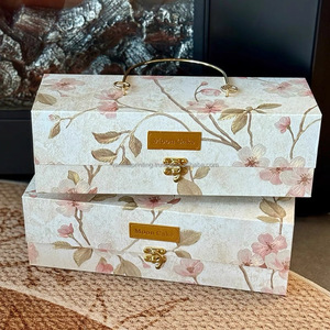 Luxury Rigid Cardboard Gift <b>Box</b> with Handle and Metal Lock, Floral Printed Packaging for Festivals - Product Image 1
