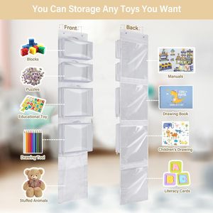 <b>Hanging</b> Toy <b>Storage</b> Bag With 5 Pockets For Kids Room Organizing Behind Door <b>Wall</b> Mount PVC Plastic Organizer For Stuffed Plush - Product Image 2
