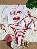 Ensemble bikini 3 pièces pour femme, imprimé cerises, haut court graphique fruité mignon, cache-maillot, bas à nouer ajustable, bordure contrastante, maillot de bain sexy