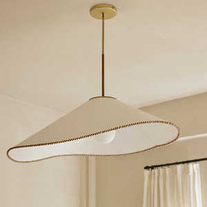 Lampe suspendue vintage française en laiton, abat-jour rond en tissu doré E27, pour chambre à coucher, salon, style zen - Product Image 1