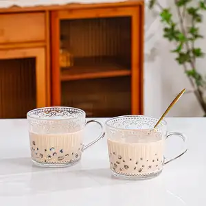 14oz Glass Coffee Cups With Bamboo Lids Golden Spoons Overnight Oats Containers Handle Clear Embossed Vintage Glass Coffee Mugs