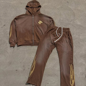 Custom Acid Washed Sun Faded Tracksuits Applique Oversized Heavyweight Boxy Sweatsuit Flared Sweatpants and Hoodie <b>Set</b> for Men - Product Image 1