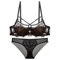 Ropa interior de encaje de pestañas sexy para mujer, sujetador francés ultrafino con pecho grande, Sujetador push up de talla pequeña