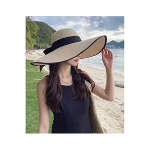 OEM topi jerami renda pita warna-warni wanita musim panas luar ruangan topi pelindung matahari penuh Ukuran topi pantai untuk perjalanan memancing