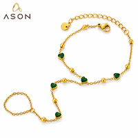 Bracelet et bague ajustables en acier inoxydable plaqué or avec cœur vert pour femme - Vente en gros