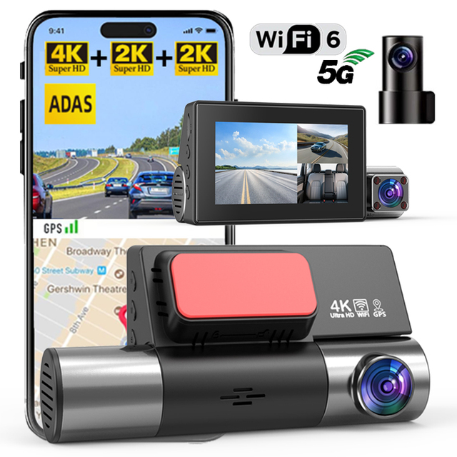 4K 3 Channel AI ADAS BSD Dashcam for Taxi Drivers Triple Dashcam 4K+2K+2K 3 "Screen 6G/5.8G WIFI GPS G-sensor Factory Wholesale