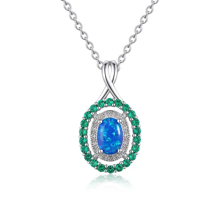 Semi-gemstone emerald jewelry Oval shape Unisex 925 silver ocean blue opal pendant
