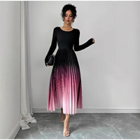 Robe midi plissée vintage pour femme, taille élastique, dégradé noir et rose ombré, col rond, manches longues, élégante