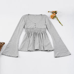 Camiseta de Manga Larga con Botones para Estudiantes Jóvenes, Color Sólido, Ribete de Encaje, Cuello en V, Ajuste Holgado, Talla Grande, Informal, Anti-UV, Transpirable - Product Image 6