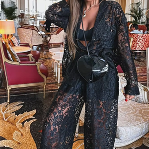Hot New Arrival Women's Wear Sexy Collared Shirt & <b>Pants</b> Lace Sheer 2-Piece Set Fashion - Product Image 2