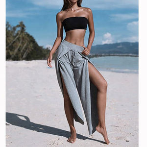 <span class=keywords><strong>Pantaloni</strong></span> da donna a vita alta <span class=keywords><strong>con</strong></span> coulisse, gamba larga, spacco laterale, vestibilità ampia, per spiaggia, yoga e tempo libero, grigio - Product Image 4