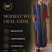 Qamis Homme Rayé Multicolore Longueur Cheville avec Boutons, Col Henley, Poches Plaquées, Respirant