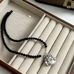 Collar de Plata de Ley 925 con Colgante de Buda Maitreya y Ágata Negra, Estilo Chino, para Uso Diario, Cadena para Clavícula - Product Image 4