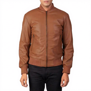 <b>Mens</b> Real Tan <b>Leather</b> Bomber <b>Jacket</b> Ribbed Collar Zipper Side Pockets Sheepskin Cognac Flight Coat Custom Brown Winter Outerwear - Product Image 1