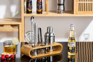 10 pièces pièce noir Cocktail Shaker ensemble maison barman Kit pour mélange de boissons outils de barre en acier inoxydable avec support en bois élégant