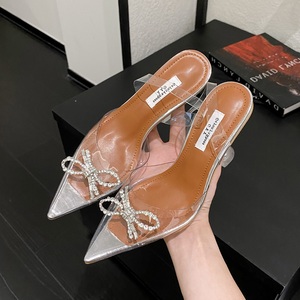 Escarpins Femme Sexy à Nœud Papillon et Strass de Marque Tendance, Chaussures à Talons Hauts en PVC avec Bride Arrière, Chaussures de Mariage Estivales pour Femmes - Product Image 1