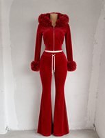 Nouvelle Collection 2026 – Vêtements d'hiver pour femme : Veste zippée à capuche en fourrure imprimé léopard avec logo personnalisé en strass et pantalon évasé à revers
