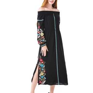 Vestidos Largos Casuales para Mujer, Bordados Florales, de Algodón, OEM, Negros, Tallas Grandes, Cintura Natural, a la Moda - Product Image 2