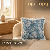 Housse de coussin décorative florale impressionniste bleu moody, en jacquard tissé avec franges, pour canapé et décoration intérieure