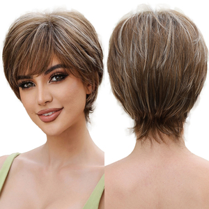 สั้นPixieตัดวิกผมสังเคราะห์กับBangsสีน้ําตาลผสมสีบลอนด์Layered Bobวิกผมผู้หญิงธรรมชาติทุกวันคอสเพลย์ปาร์ตี้ผมปลอม - Product Image 1