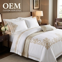 Parure de lit 4 pièces en satin brodé or blanc, housse de couette OEM pour hôtel de luxe, vente en gros