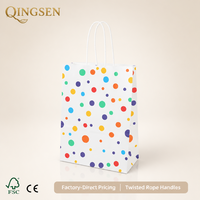 Sacs de courses en papier blanc personnalisés OEM imprimés à pois multicolores avec poignées torsadées pour anniversaires et vente au détail
