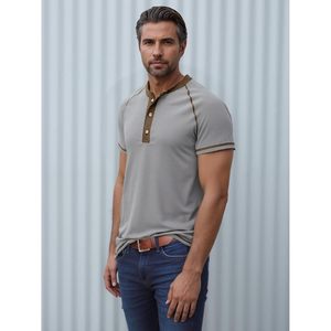 Chemise Henley à manches courtes pour homme, 100% coton, respirante, décontractée, haut d'été, manches raglan, boutons sur le devant - Product Image 6