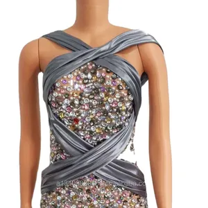 Sparkly mini colored diamond tight bandage dress elegant beautiful sexy hollow copper emcee walking costume