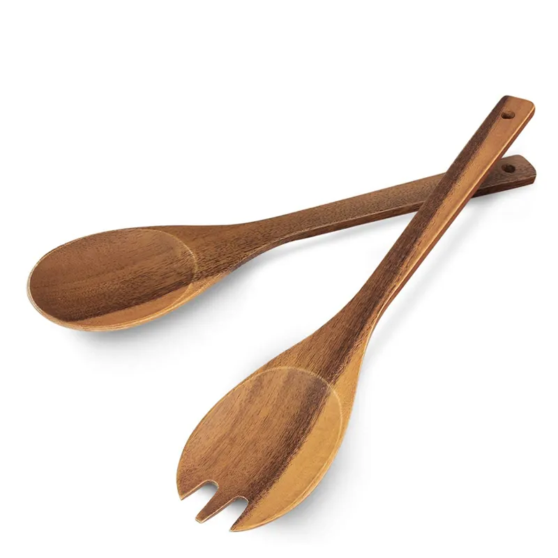 Conjunto de utensílios de cozinha, garfo de madeira acácia com cabo longo