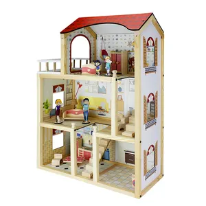 Crianças de madeira natural certificado, miniatura casa de bonecas para meninas fingir jogar boneca casa, móveis, brinquedo, conjunto, fábrica