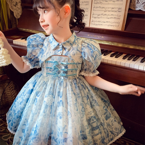 Robe mignonne en mousseline de soie pour petite fille, manches bouffantes, col rabattu, dentelle, nœud, broderie décorative - Product Image 1