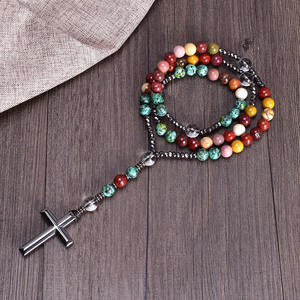 Colgante de Cruz de hematita, joyería religiosa cristiana, rosarios de mezcla de piedra Natural, collar de Rosario de 5 décadas para hombre y mujer, regalo - Product Image 4