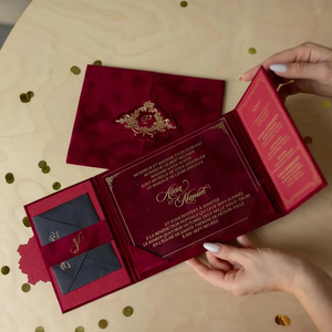 Sang trọng cổ điển Burgundy nhung thân thiện với môi lời mời đám cưới bỏ túi phong bì thư mục lá vàng tốt nghiệp giáng sinh năm mới - Product Image 1