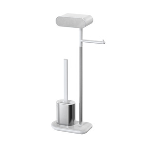 Modern Floor Standing Toilet Paper Holder With Brush Storage <b>Silver</b> White Rectangular Design Easy To Clean <b>Bathroom</b> <b>Accessory</b> - Product Image 3