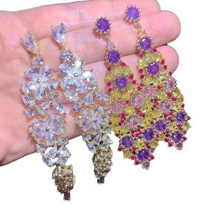 Boucles d'oreilles pendantes en alliage de cuivre, style vintage de luxe, avec breloques fleur en cristal coloré, pompon et strass, plaqué or 18K - Product Image 5