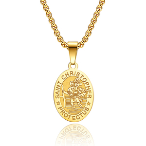Collier Saint <span class=keywords><strong>Christophe</strong></span> en or 18 carats non terni pour hommes garçons collier pendentif ovale gravé St. Christopher en acier inoxydable - Product Image 1