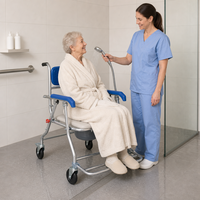 Chaise de toilette pliante à roulettes en alliage d'aluminium, siège souple, dossier bleu, accoudoirs, pour personnes âgées et handicapées, sécurité au bain