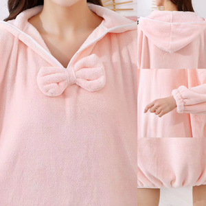 Peignoir à capuche en polaire corail pour femme, manches longues, chaud, automne-hiver, rose cerise, doublé, style décontracté - Product Image 4
