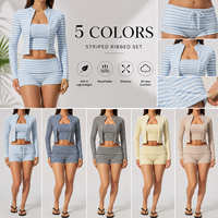 Ensemble de yoga 3 pièces GM pour femme : crop top côtelé respirant à rayures avec logo personnalisé, veste zippée et short de sport taille haute