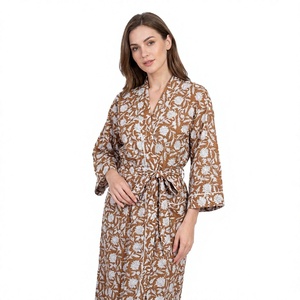 Robe Kimono Femme 100% Coton Taille Unique Col en V avec Cordon de Serrage Imprimé Floral Numérique Romantique Respirante Confortable pour la Maison - Product Image 1