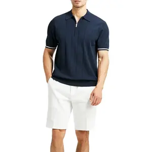 Heren Hoge Kwaliteit Effen Rits Gebreid Poloshirt Vrijetijdskleding Custom Logo Cropped Pullover Zip Katoen Polo Shirt Voor Mannen
