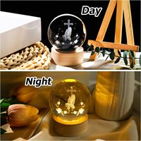 Bola Doa Kristen Kristal 3D Buatan Tangan dengan Alas Kayu LED, Desain Salib Kaca, Hadiah Unisex, Dekorasi Rumah, Lampu Malam