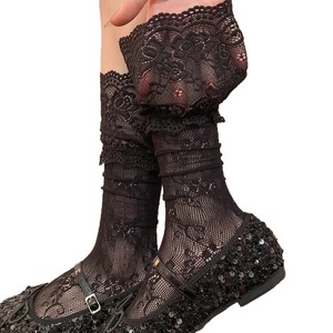 Chaussettes en dentelle pour femmes, mi-mollet, transparentes, en nylon noir, absorbant la sueur, résistantes aux odeurs, chaussettes à la mode W3181 - Product Image 4