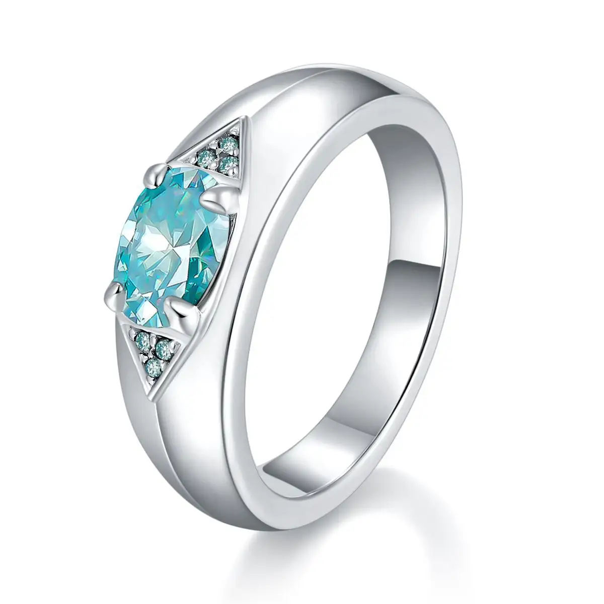 Perhiasan jari halus wanita pria cincin berlian Moissanite biru Oval perak 925 polos sederhana