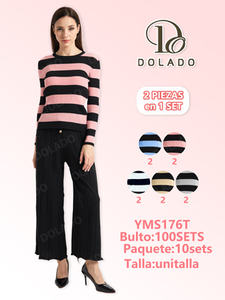 YMS176T Set Maglione a Righe da Donna, Collo Tondo, Vestibilità Ampia, Lunghezza alla Caviglia, Abbigliamento Casual Autunnale, Misto Poliestere e Cotone, Anti-Pilling - Product Image 3