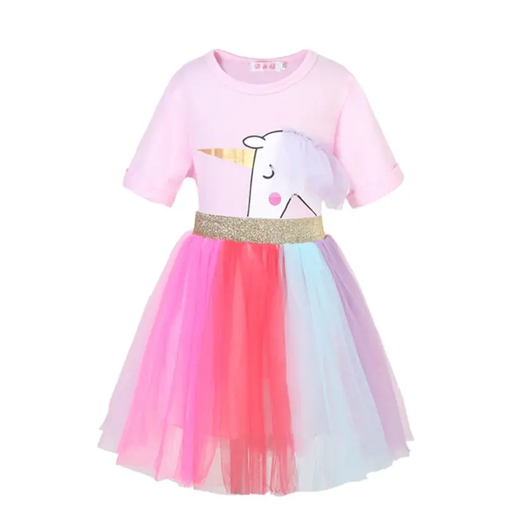 In Stock unicorno abito da principessa arcobaleno costumi unicorno abito colorato stile europeo ragazze gonna a maniche corte