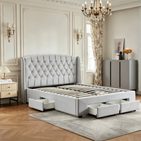 Lit double Queen Size en cuir blanc de style français avec tête de lit en tissu et tiroirs de rangement intégrés, idéal pour les villas et appartements