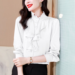 Blusa de Mujer con Aspecto de Seda, Manga Larga, Color Sólido, con Encaje, a la Moda - Product Image 6