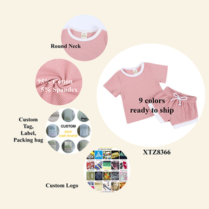 Conjunto de Ropa de Verano para Niños y Niñas, Estilo Moderno Retro Vintage, Camiseta Ribbed con Mangas en Contraste y Pantalones Cortos para Bebés y Niños Pequeños - Product Image 3